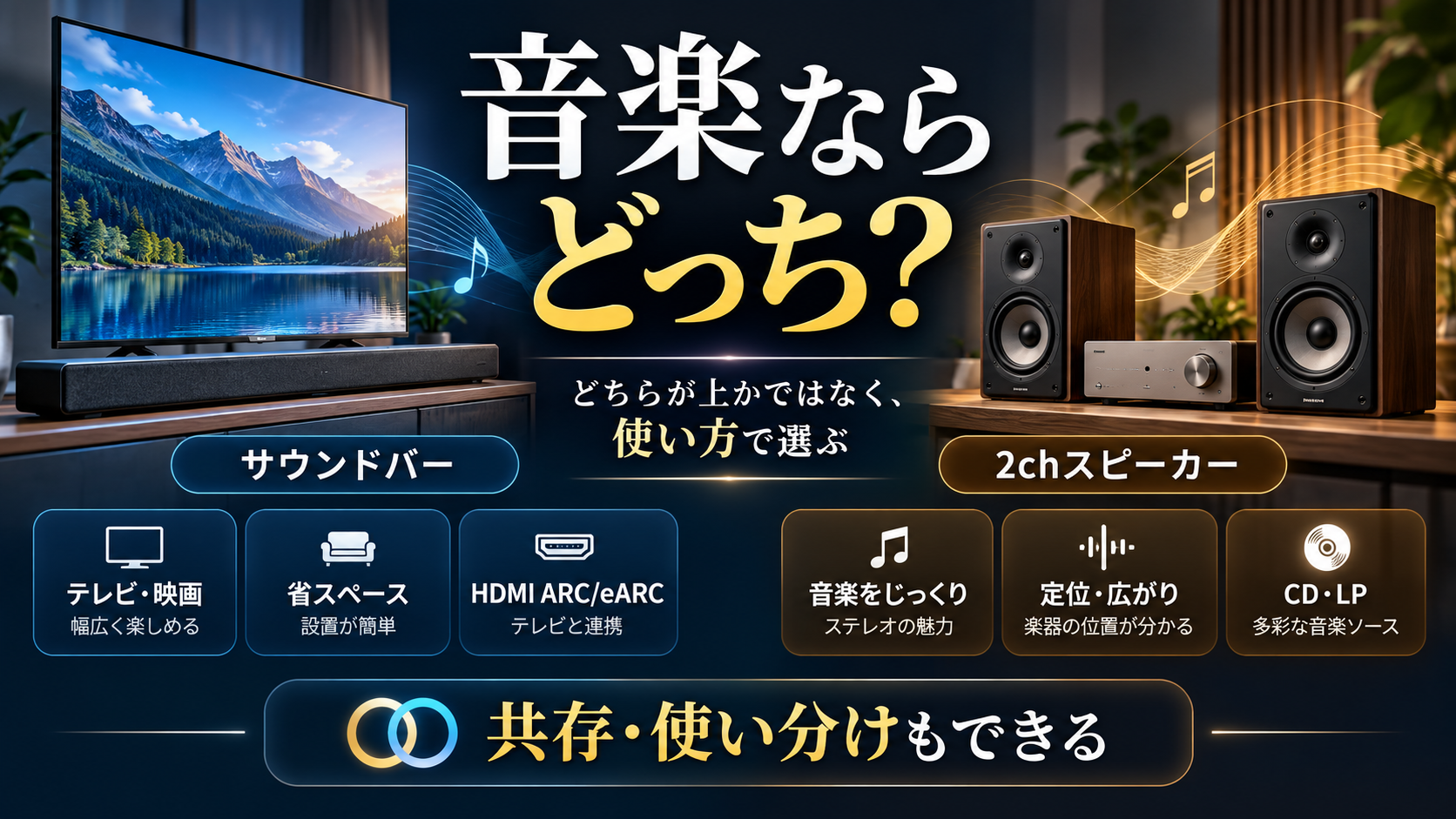 サウンドバーと2chスピーカーはどっち?音楽・映画・接続・使い勝手を徹底比較 サウンドバーと2chスピーカーはどっち?音楽・映画・接続・使い勝手を徹底比較